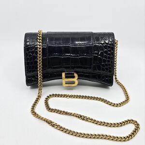 Balenciaga Hourglass Croc Embossed Leather Wallet on Chain